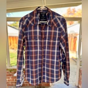 Guess Men's Western Style Shirt with Snaps - Plaid Red, White & Blue - Sz Lg